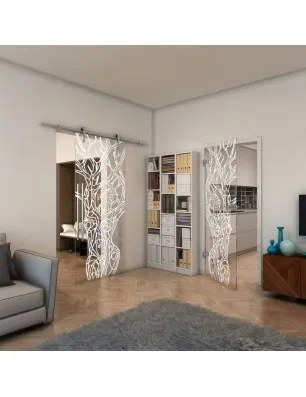 Glasschiebetür PIPE-LINE - Fineprint Model 105 Weiss auf Klarglas