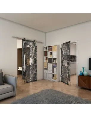 Glasschiebetür PIPE-LINE - Fineprint Model 108 Schwarz auf Klarglas