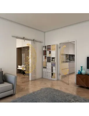 Glasschiebetür PIPE-LINE - Fineprint Model 113 Gold auf Klarglas