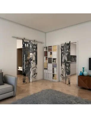 Glasschiebetür PIPE-LINE - Fineprint Model 115 Schwarz auf Klarglas