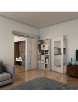 Glasschiebetür ECO-LINE - Fineprint Model 013 Weiss auf Klarglas