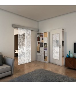 Glasschiebetür ECO-LINE - Fineprint Model 015 Weiss auf Klarglas