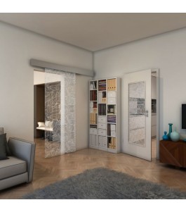 Glasschiebetür ECO-LINE - Fineprint Model 021 Weiss auf Klarglas
