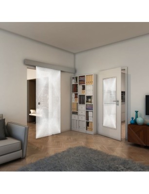 Glasschiebetür ECO-LINE - Fineprint Model 025 Weiss auf Klarglas