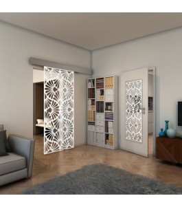 Glasschiebetür ECO-LINE - Fineprint Model 183 Weiss auf Klarglas