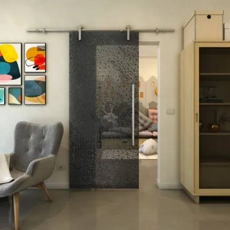 Glasschiebetür PIPE-LINE - Fineprint Model 008 Schwarz auf Grauglas