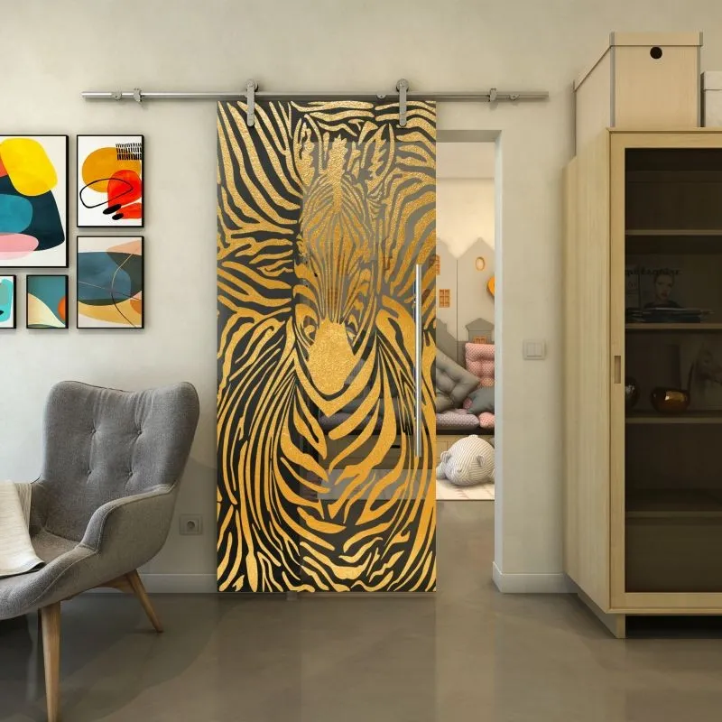 Glasschiebetür PIPE-LINE - Fineprint Modell 023 Gold auf Grauglas Glasschiebetür PIPE-LINE - Fineprint Modell 023 Gold auf Grauglas