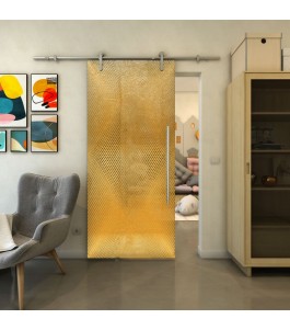 Glasschiebetür PIPE-LINE - Fineprint Model 025 Gold auf Grauglas