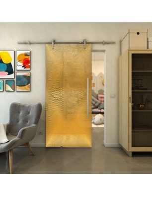Glasschiebetür PIPE-LINE - Fineprint Model 025 Gold auf Grauglas