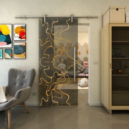 Glasschiebetür PIPE-LINE - Fineprint Model 049 Gold auf Grauglas