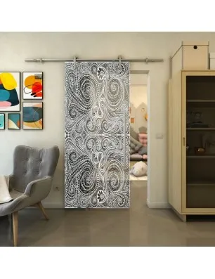 Glasschiebetür PIPE-LINE - Fineprint Model 055 Weiss auf Grauglas