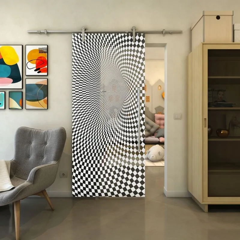 Glasschiebetür PIPE-LINE - Fineprint Modell 075 Weiss auf Grauglas Glasschiebetür PIPE-LINE - Fineprint Modell 075 Weiss auf Grauglas