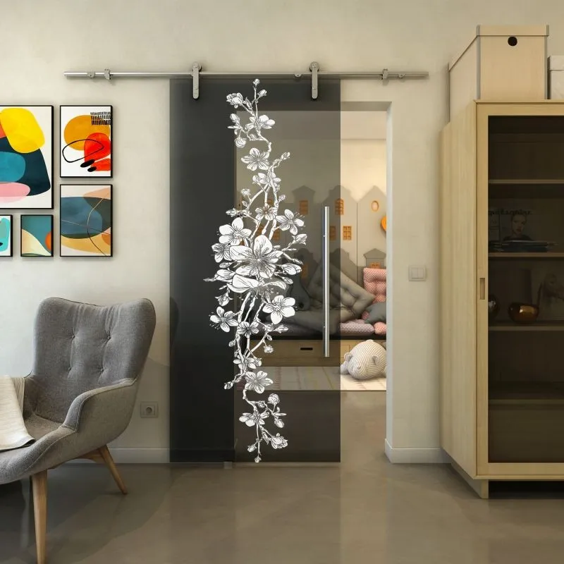 Glasschiebetür PIPE-LINE - Fineprint Modell 085 Weiss auf Grauglas