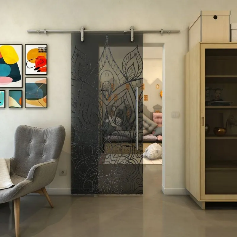 Glasschiebetür PIPE-LINE - Fineprint Modell 089 Schwarz auf Grauglas