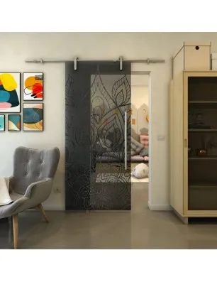 Glasschiebetür PIPE-LINE - Fineprint Model 089 Schwarz auf Grauglas