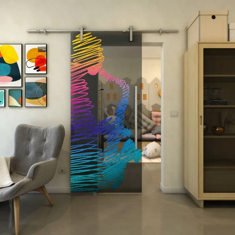 Glasschiebetür PIPE-LINE - Fineprint Modell 106 Verlauf auf Grauglas Glasschiebetür PIPE-LINE - Fineprint Modell 106 Verlauf auf Grauglas