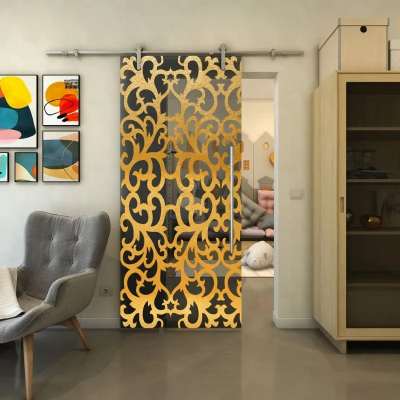 Glasschiebetür PIPE-LINE - Fineprint Modell 139 Gold auf Grauglas