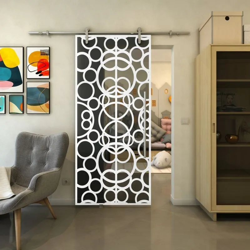 Glasschiebetür PIPE-LINE - Fineprint Modell 144 Weiss auf Grauglas Glasschiebetür PIPE-LINE - Fineprint Modell 144 Weiss auf Grauglas