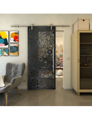 Glasschiebetür PIPE-LINE - Fineprint Model 149 Schwarz auf Grauglas