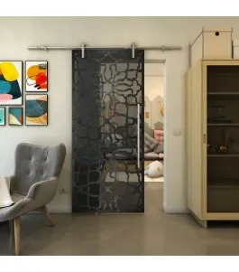 Glasschiebetür PIPE-LINE - Fineprint Model 150 Schwarz auf Grauglas