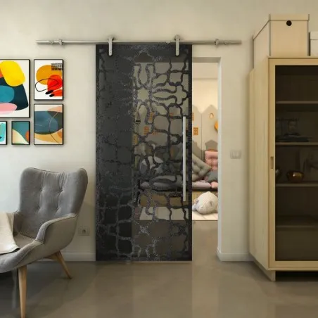 Glasschiebetür PIPE-LINE - Fineprint Model 150 Schwarz auf Grauglas