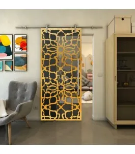 Glasschiebetür PIPE-LINE - Fineprint Model 150 Gold auf Grauglas