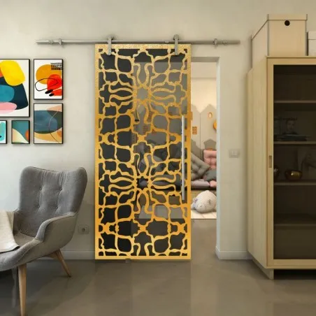 Glasschiebetür PIPE-LINE - Fineprint Model 150 Gold auf Grauglas