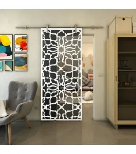 Glasschiebetür PIPE-LINE - Fineprint Model 150 Weiss auf Grauglas