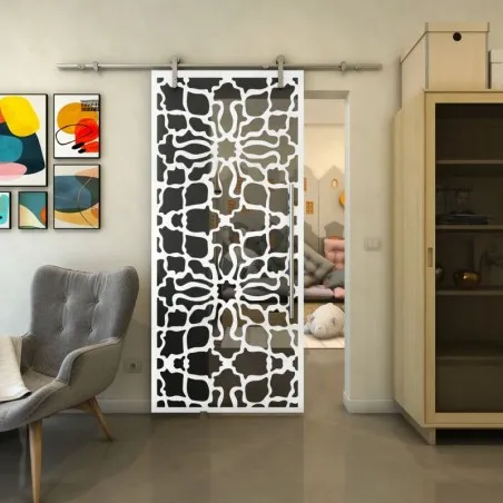 Glasschiebetür PIPE-LINE - Fineprint Model 150 Weiss auf Grauglas