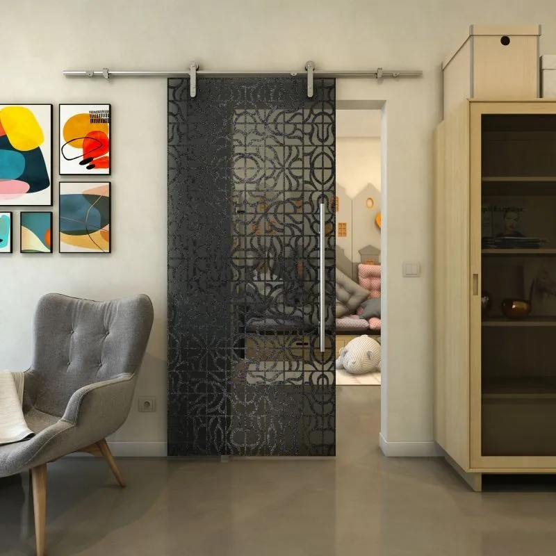 Glasschiebetür PIPE-LINE - Fineprint Modell 161 Schwarz auf Grauglas