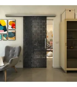 Glasschiebetür SLIM-LINE - Fineprint Model 001 Schwarz auf Grauglas
