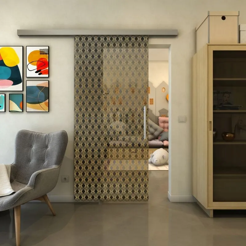 Glasschiebetür SLIM-LINE - Fineprint Modell 002 Gold auf Grauglas Glasschiebetür SLIM-LINE - Fineprint Modell 002 Gold auf Grauglas