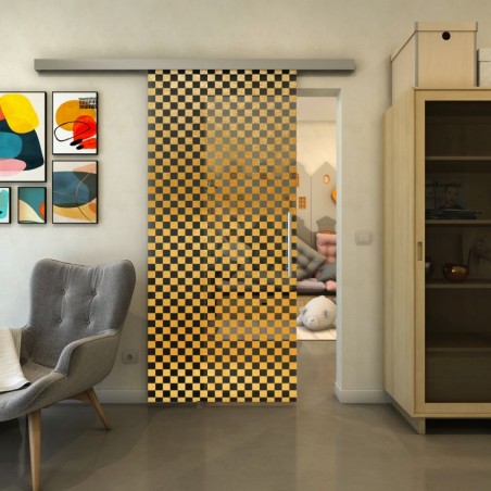 Glasschiebetür SLIM-LINE - Fineprint Model 004 Gold auf Grauglas
