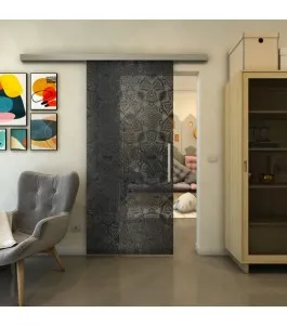 Glasschiebetür SLIM-LINE - Fineprint Model 005 Schwarz auf Grauglas
