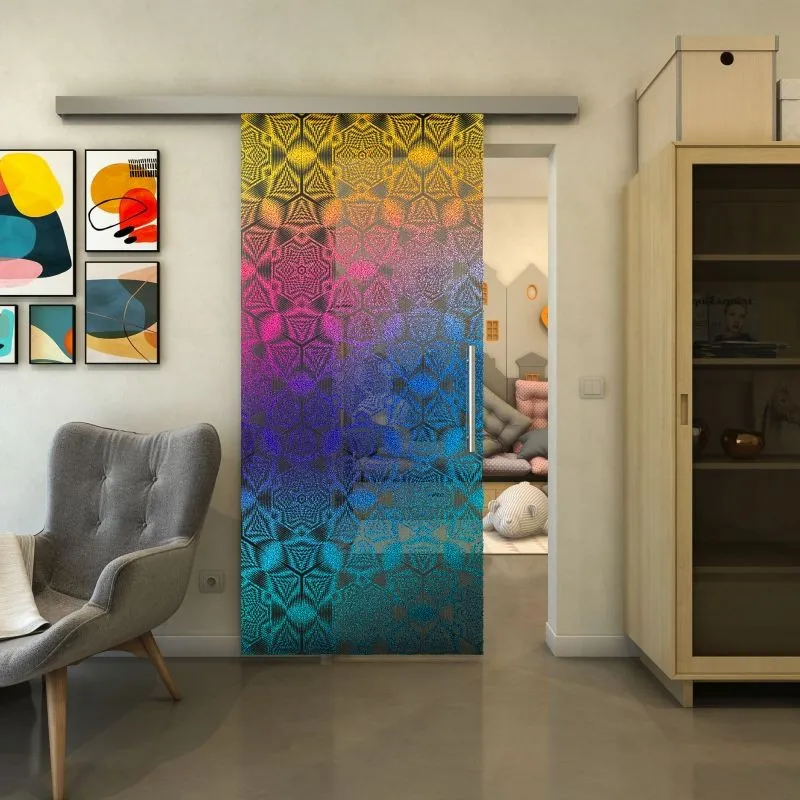 Glasschiebetür SLIM-LINE - Fineprint Modell 005 Verlauf auf Grauglas Glasschiebetür SLIM-LINE - Fineprint Modell 005 Verlauf auf Grauglas