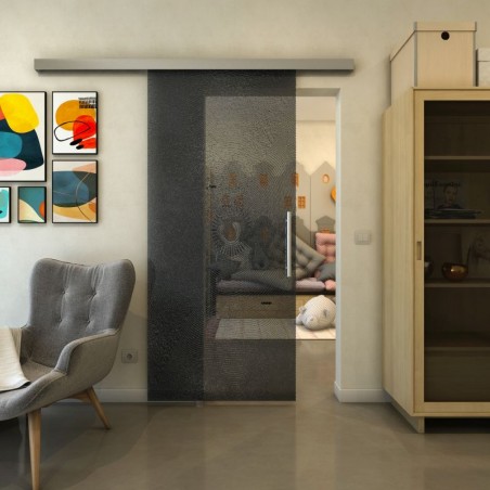 Glasschiebetür SLIM-LINE - Fineprint Model 007 Schwarz auf Grauglas