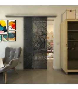 Glasschiebetür SLIM-LINE - Fineprint Model 010 Schwarz auf Grauglas