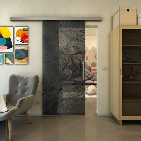 Glasschiebetür SLIM-LINE - Fineprint Model 010 Schwarz auf Grauglas