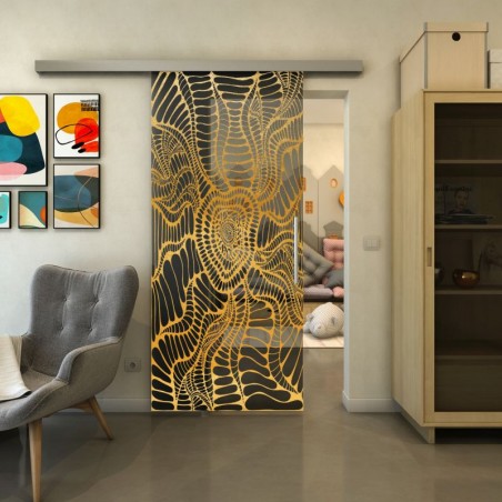 Glasschiebetür SLIM-LINE - Fineprint Model 012 Gold auf Grauglas