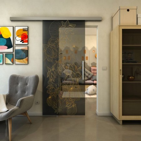 Glasschiebetür SLIM-LINE - Fineprint Model 013 Gold auf Grauglas