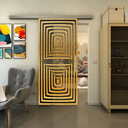 Glasschiebetür SLIM-LINE - Fineprint Model 014 Gold auf Grauglas