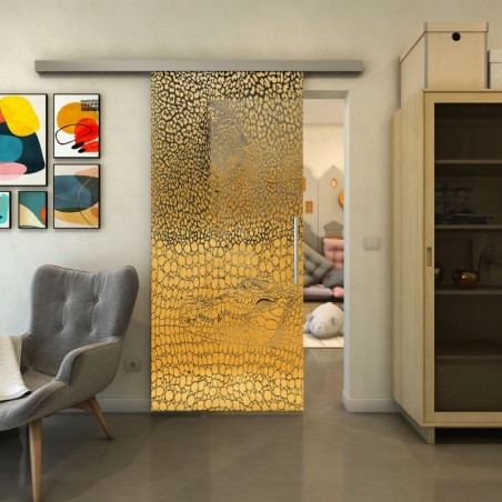 Glasschiebetür SLIM-LINE - Fineprint Model 015 Gold auf Grauglas