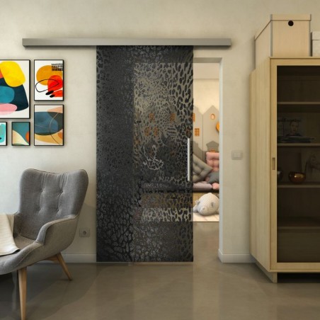 Glasschiebetür SLIM-LINE - Fineprint Model 016 Schwarz auf Grauglas
