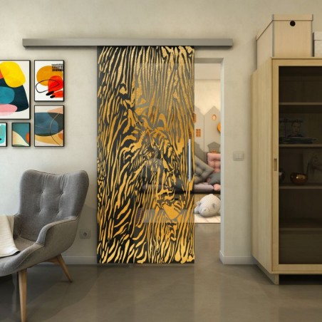 Glasschiebetür SLIM-LINE - Fineprint Model 017 Gold auf Grauglas