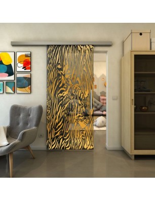 Glasschiebetür SLIM-LINE - Fineprint Model 017 Gold auf Grauglas