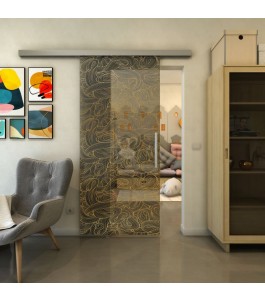 Glasschiebetür SLIM-LINE - Fineprint Model 021 Gold auf Grauglas