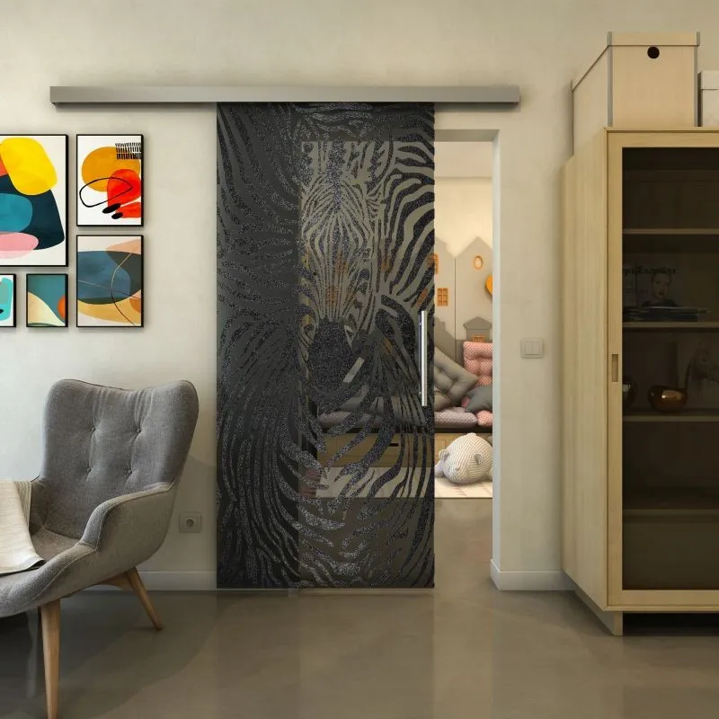 Glasschiebetür SLIM-LINE - Fineprint Modell 023 Schwarz auf Grauglas