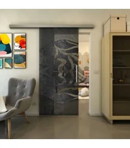 Glasschiebetür SLIM-LINE - Fineprint Model 031 Schwarz auf Grauglas