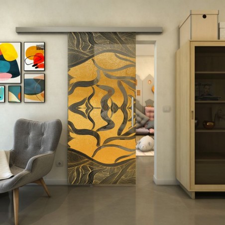 Glasschiebetür SLIM-LINE - Fineprint Model 031 Gold auf Grauglas