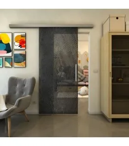 Glasschiebetür SLIM-LINE - Fineprint Model 034 Schwarz auf Grauglas